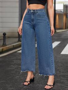 EMERY ROSE High Waist Raw Hem Wide Leg Jeans - Dark Wash - View 3