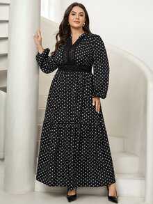 Comfylo 大尺碼波點印花蕾絲拼接燈籠袖洋裝 - 黑與白 - 查看 3
