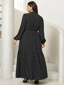 Comfylo 大尺碼波點印花蕾絲拼接燈籠袖洋裝 - 黑與白 - 查看 2
