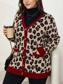 Comfylo Plus Leopard Pattern Contrast Trim Cardigan Winter - Multicolor - View 5