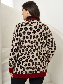 Comfylo Plus Leopard Pattern Contrast Trim Cardigan Winter - Multicolor - View 2