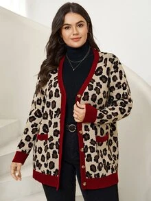 Comfylo Plus Leopard Pattern Contrast Trim Cardigan Winter - Multicolor - View 3