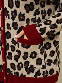 Comfylo Plus Leopard Pattern Contrast Trim Cardigan Winter - Multicolor - View 4