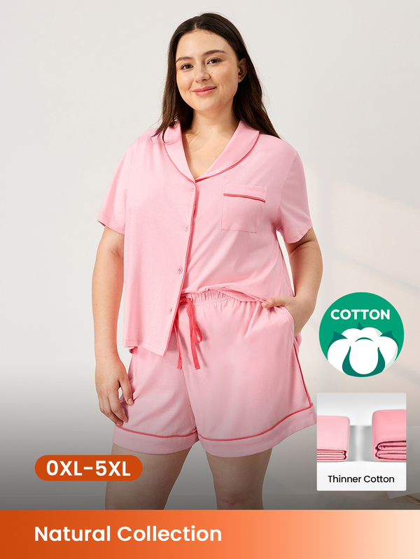 LUVLETTE Plus Size Summer Soft Pink Pajama Set - Contrast Trim & Shorts Plush Lightweight Lounge Wear Pants With Pockets Fashion Casual Comfy Outfits