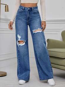 EMERY ROSE Destroyed Washed Denim Jeans - Medium Wash - View 4