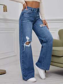 EMERY ROSE Destroyed Washed Denim Jeans - Medium Wash - View 5
