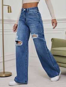 EMERY ROSE Destroyed Washed Denim Jeans - Medium Wash - View 6