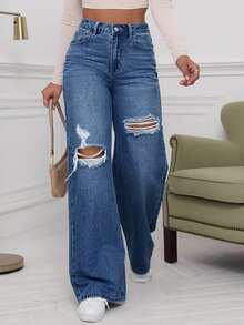 EMERY ROSE Destroyed Washed Denim Jeans - Medium Wash - View 3