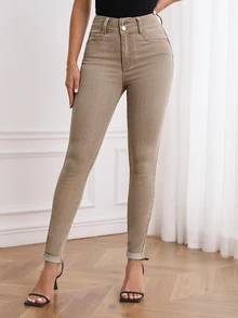 EMERY ROSE Quần jean skinny lưng cao - Màu Khaki - Xem 4