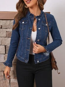 EMERY ROSE Women's Denim Jacket With Lapel Collar And Button Closure New Romantic Ruffle Button Pocket Stretch Denim Jacket - Blue - View 7