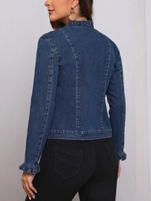 EMERY ROSE Women's Denim Jacket With Lapel Collar And Button Closure New Romantic Ruffle Button Pocket Stretch Denim Jacket - Blue - View 3