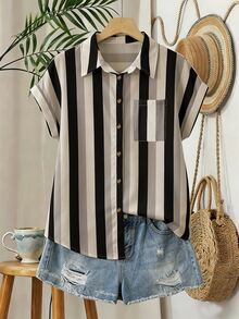 EMERY ROSE Women's Summer Striped Pocket Casual Vacation Front Button Short Sleeve Shirt - Multicolor - View 4