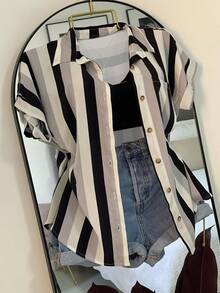 EMERY ROSE Women's Summer Striped Pocket Casual Vacation Front Button Short Sleeve Shirt - Multicolor - View 2