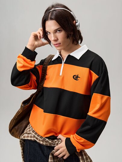 Vaulklash Men's Fashion Striped Long Sleeve Casual Loose Polo Shirt.Streetwear,Friends,Matching,Baggy,For Men,Graphic,Japanese Style,Unisex,I Love My Girlfriend
