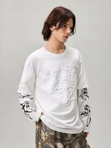 Vaulklash 男士街头风格流行 INS 匹配天使丘比特印花刺绣心形 T 恤，户外音乐节，夜总会礼物，送给男朋友/丈夫，周年纪念礼物，适合秋季 - 白色 - 查看 6