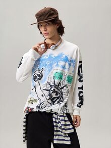 Vaulklash Men's Casual Graphic Print T-Shirt, Minimalist Fashion For Everyday Wear, For Fall - White - View 1
