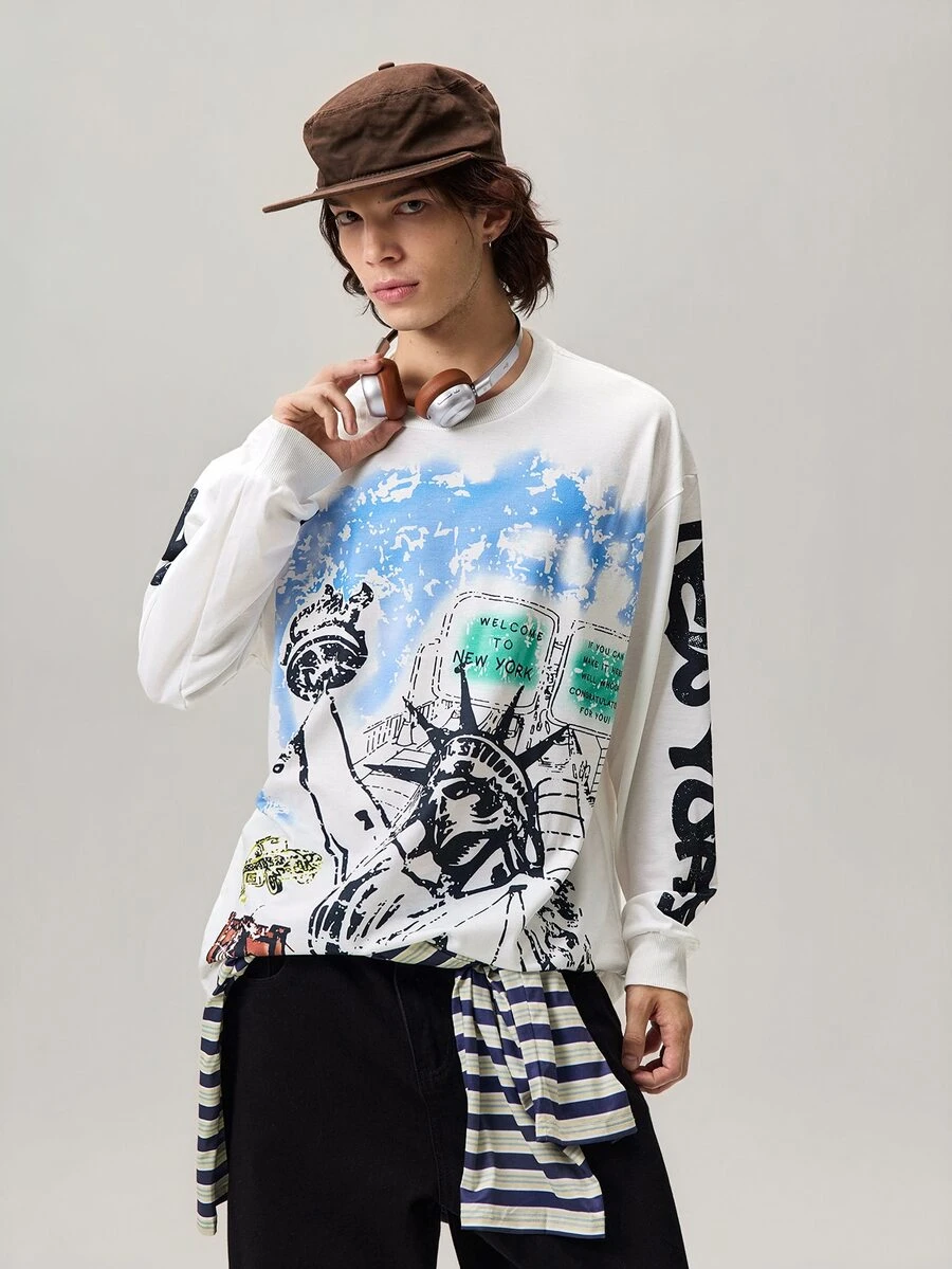 Vaulklash Men's Casual Graphic Print T-Shirt, Minimalist Fashion For Everyday Wear, For Fall - White - View 1