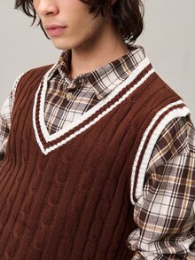 Vaulklash Contrast Binding V Neck Casual Sweater Vest For Men, Standard Size, For Fall Winter, Holiday - Brown - View 8