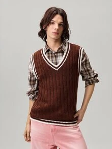Vaulklash Contrast Binding V Neck Casual Sweater Vest For Men, Standard Size, For Fall Winter, Holiday - Brown - View 4