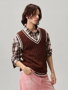 Vaulklash Contrast Binding V Neck Casual Sweater Vest For Men, Standard Size, For Fall Winter, Holiday - Brown - View 5