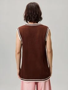 Vaulklash Contrast Binding V Neck Casual Sweater Vest For Men, Standard Size, For Fall Winter, Holiday - Brown - View 3