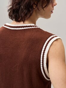 Vaulklash Contrast Binding V Neck Casual Sweater Vest For Men, Standard Size, For Fall Winter, Holiday - Brown - View 7
