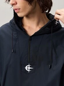 Vaulklash 男士休閒連帽雙層設計百搭運動休閒刺繡圖案時尚Ins風適合四季，街頭風，寬鬆，圖案，情侶套裝，朋友，我愛我的男朋友，街頭風格，情侶，雙層連帽，半拉鍊，彈性抽繩下擺 - 黑色 - 查看 8