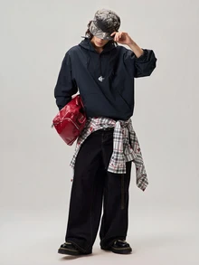 Vaulklash 男士休閒連帽雙層設計百搭運動休閒刺繡圖案時尚Ins風適合四季，街頭風，寬鬆，圖案，情侶套裝，朋友，我愛我的男朋友，街頭風格，情侶，雙層連帽，半拉鍊，彈性抽繩下擺 - 黑色 - 查看 2