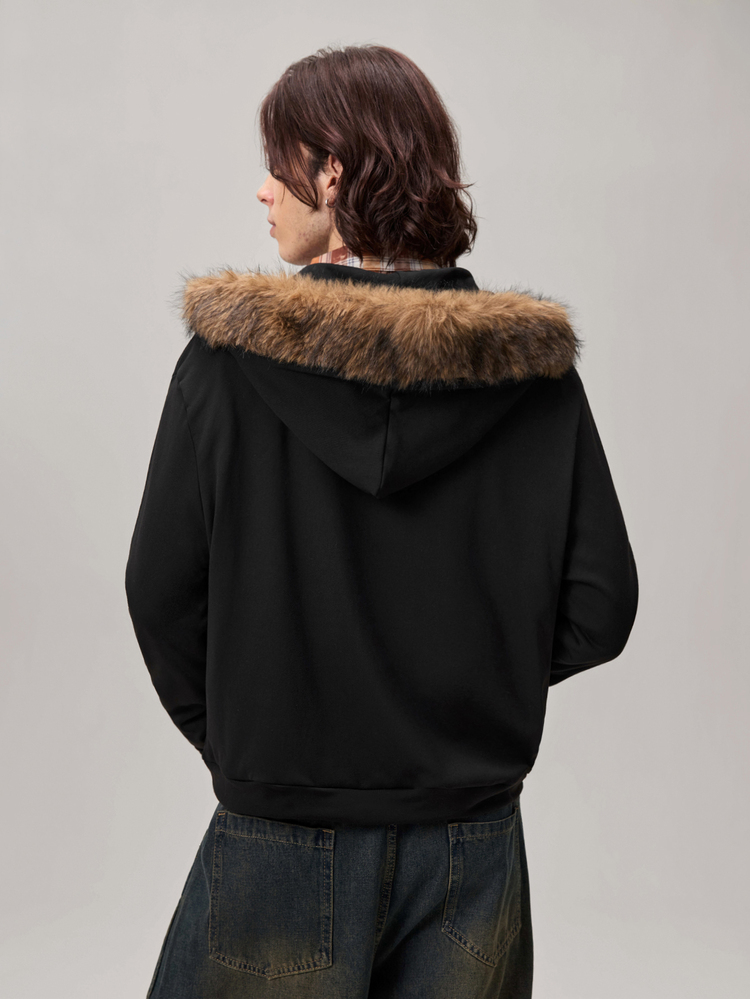 Vaulklash Hoodie Kerah Bulu Hitam Gaya Amerika, Jaket Sweatshirt Pendek Slim Fit Desain Niche untuk Pria, Y2K - Hitam - View 3