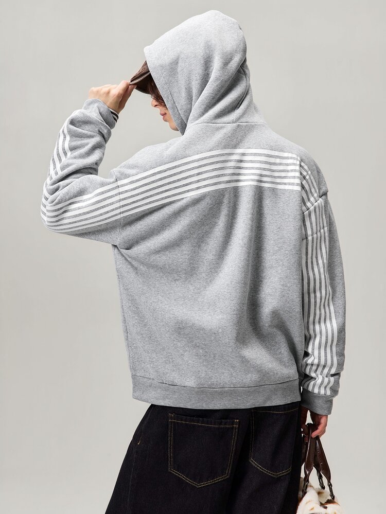 Vaulklash 美学邮报——男士街头风畅销六条纹拼接休闲连帽衫，适合户外音乐节、日常出行、朋友聚会、送给男友/老公的礼物、周年纪念礼物，浅灰色条纹袖拉链连帽衫，Y2K风格 - 淺灰色 - 查看 3