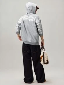 Vaulklash 美学邮报——男士街头风畅销六条纹拼接休闲连帽衫，适合户外音乐节、日常出行、朋友聚会、送给男友/老公的礼物、周年纪念礼物，浅灰色条纹袖拉链连帽衫，Y2K风格 - 淺灰色 - 查看 7