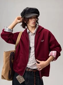 Vaulklash Men's Autumn Letter Print Zip-Up Hooded Casual Sweatshirt, Long Sleeve Top - Burgundy - View 2