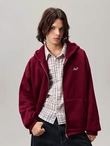 Vaulklash Men's Autumn Letter Print Zip-Up Hooded Casual Sweatshirt, Long Sleeve Top - Burgundy - View 6