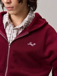 Vaulklash Men's Autumn Letter Print Zip-Up Hooded Casual Sweatshirt, Long Sleeve Top - Burgundy - View 8