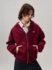 Vaulklash Men's Autumn Letter Print Zip-Up Hooded Casual Sweatshirt, Long Sleeve Top - Burgundy - View 5