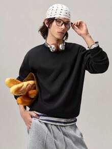 Vaulklash 1 件宽松男士纯色圆领运动衫 - 黑色 - 查看 1