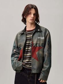 Vaulklash Men's Long Sleeve Grey Streetwear Graphic Printed Collared Zip Up Jacket,Regular Fit Autumn City Break Fashionable Grunge Jacket For Christmas,Fall - Black - View 5