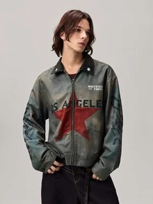 Vaulklash Men's Long Sleeve Grey Streetwear Graphic Printed Collared Zip Up Jacket,Regular Fit Autumn City Break Fashionable Grunge Jacket For Christmas,Fall - Black - View 6
