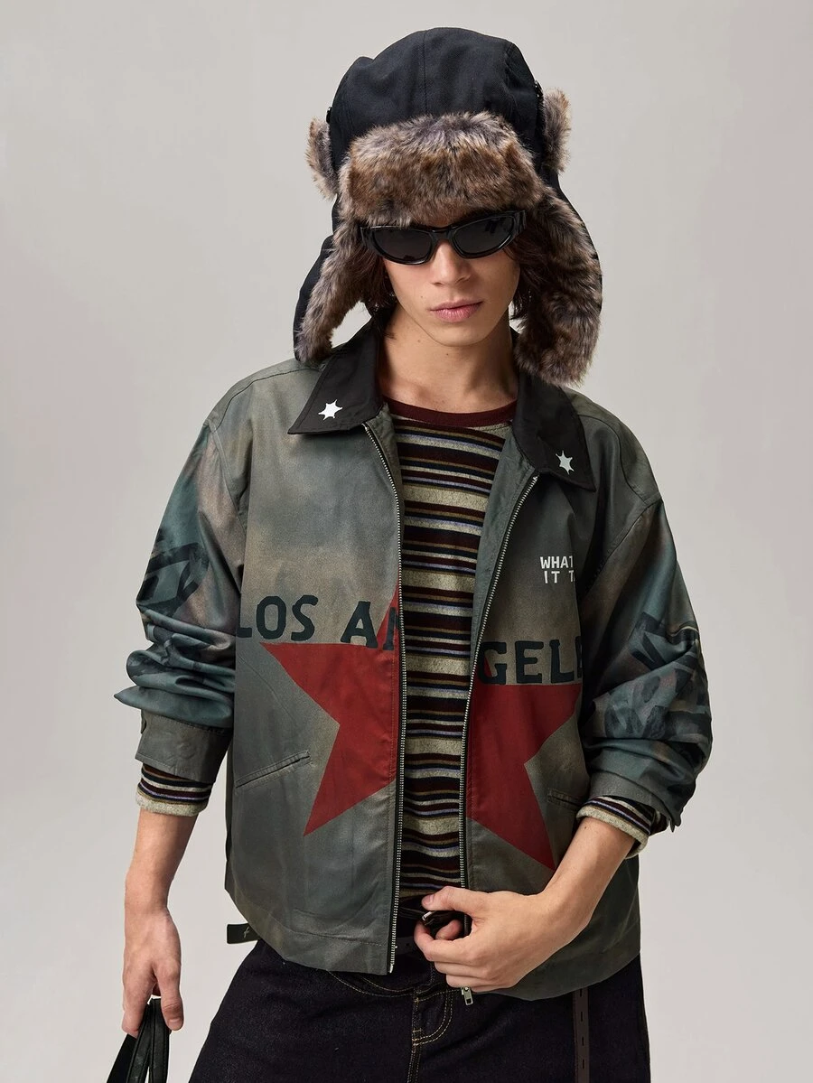 Vaulklash Men's Long Sleeve Grey Streetwear Graphic Printed Collared Zip Up Jacket,Regular Fit Autumn City Break Fashionable Grunge Jacket For Christmas,Fall - Black - View 1