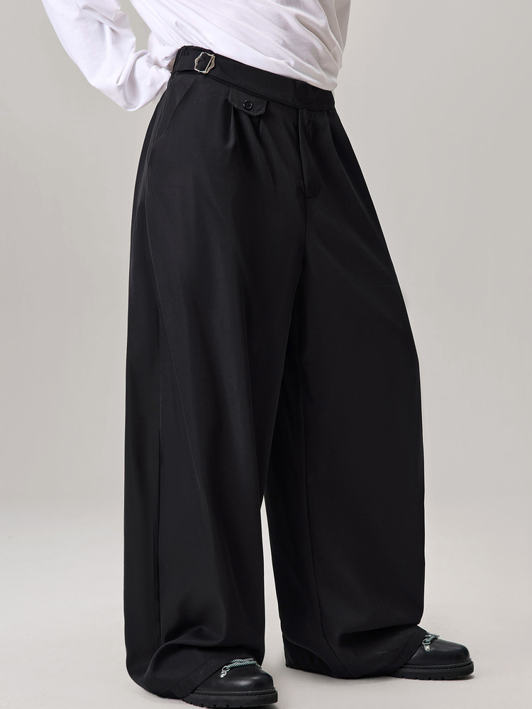 Vaulklash Celana Pria Polos dengan Gesper Pinggang, Saku, Model Kaki Lebar, Celana Gaya Jepang, Celana Hitam Longgar, Celana Ukuran Besar, Celana Longgar, Celana Desainer - Hitam - View 1