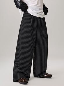 Manfinity Streetrush 男士休闲通勤条纹阔腿裤，男士细条纹裤，男士阔腿裤，男士褶裥裤，男士宽松裤，细条纹阔腿裤，男友礼物，街头风男士，秋季阔腿裤 - 烏黑 - 查看 6
