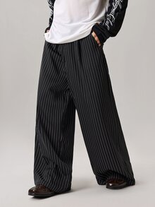 Manfinity Streetrush 男士休闲通勤条纹阔腿裤，男士细条纹裤，男士阔腿裤，男士褶裥裤，男士宽松裤，细条纹阔腿裤，男友礼物，街头风男士，秋季阔腿裤 - 烏黑 - 查看 5