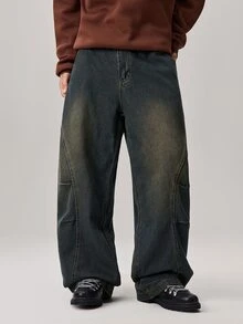 Vaulklash Men's Casual Washed Loose Fit Wide Leg Jeans - Medium Wash - View 1