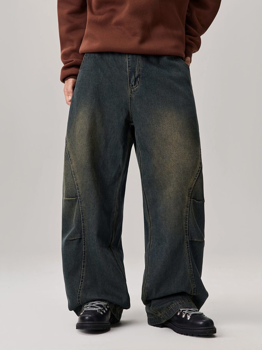 Vaulklash Men's Casual Washed Loose Fit Wide Leg Jeans - Medium Wash - View 1