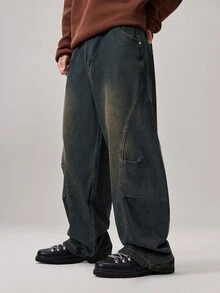 Vaulklash Men's Casual Washed Loose Fit Wide Leg Jeans - Medium Wash - View 5