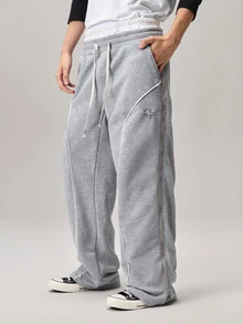 Vaulklash Young Street Style Wide Leg Pants,Grey,Autumn,Streetwear,Gym,Double Zipper Waist,Baggy Graphic Embroidered Patterns,Reflective Edge Strips,Couples - Light Grey - View 4