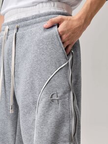 Vaulklash Young Street Style Wide Leg Pants,Grey,Autumn,Streetwear,Gym,Double Zipper Waist,Baggy Graphic Embroidered Patterns,Reflective Edge Strips,Couples - Light Grey - View 7