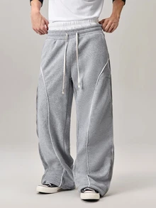 Vaulklash Young Street Style Wide Leg Pants,Grey,Autumn,Streetwear,Gym,Double Zipper Waist,Baggy Graphic Embroidered Patterns,Reflective Edge Strips,Couples - Light Grey - View 1
