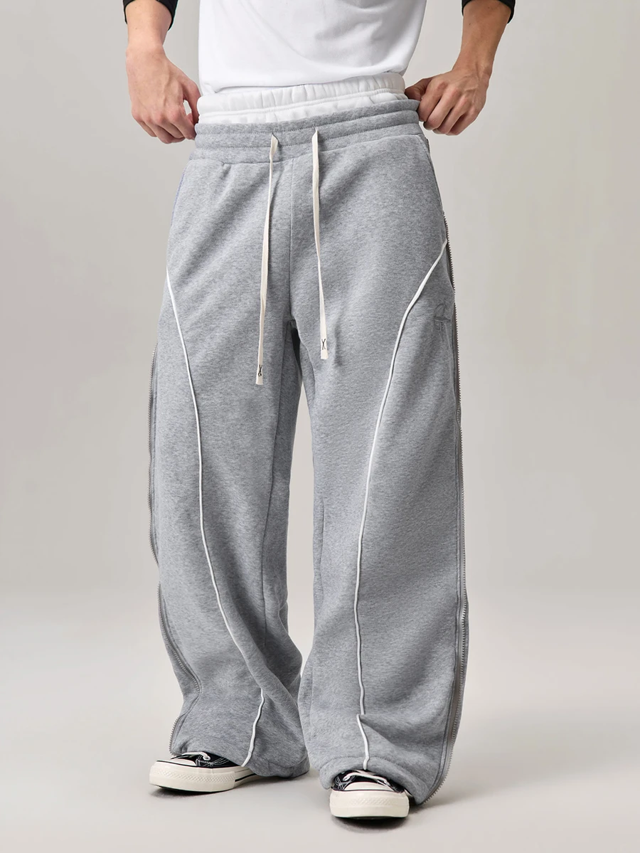 Vaulklash Young Street Style Wide Leg Pants,Grey,Autumn,Streetwear,Gym,Double Zipper Waist,Baggy Graphic Embroidered Patterns,Reflective Edge Strips,Couples - Light Grey - View 1