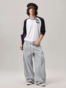 Vaulklash Young Street Style Wide Leg Pants,Grey,Autumn,Streetwear,Gym,Double Zipper Waist,Baggy Graphic Embroidered Patterns,Reflective Edge Strips,Couples - Light Grey - View 6